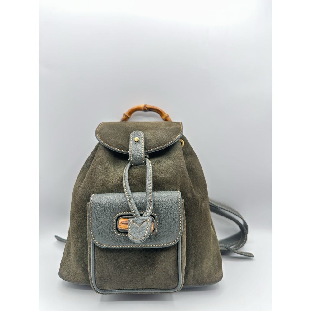Vintage Gucci Bamboo Suede Backpack Dark Olive Green Leather Trim Italy